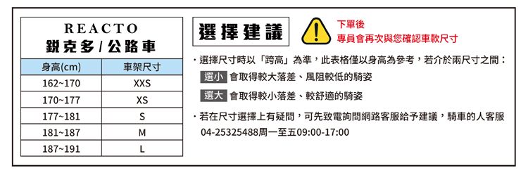 REACTO選擇建議下單後專員會再次與您確認車款尺寸銳克  公路車身高(cm)車架尺寸162-170X170-177X177-181S181-187M選擇尺寸時以跨高為準,此表格僅以身高為參考,若介於兩尺寸之間會取得較落差、風阻較低的騎姿「大 會取得較小落差、較舒適的騎姿若在尺寸選擇上有疑問,可先致電詢問網路客服給予建議,騎車的人客服04-25325488周一至五09:00-17:00187-191L