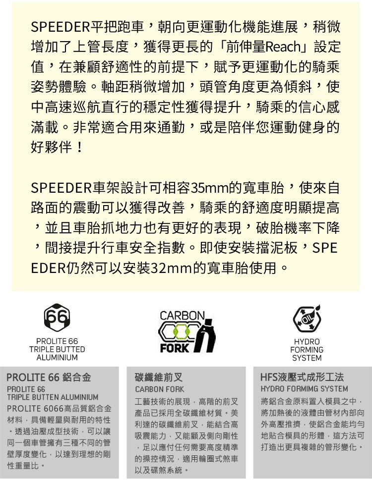 SPEEDER平把跑車朝向更運動化機能進展稍微增加了上管長度獲得更長的「前伸量Reach」設定值在兼顧舒適性的前提下賦予更運動化的騎乘姿勢體驗。軸距稍微增加,頭管角度更為傾斜,使中高速巡航直行的穩定性獲得提升,騎乘的信心感滿載。非常適合用來通勤,或是陪伴您運動健身的好夥伴!SPEEDER車架設計可相容35mm的寬車胎,使來自路面的震動可以獲得改善,騎乘的舒適度明顯提高,並且車胎抓地力也有更好的表現,破胎機率下降,間接提升行車安全指數。即使安裝擋泥板,SPEEDER仍然可以安裝32mm的寬車胎使用。PROLITE 66TRIPLE BUTTEDALUMINIUMPROLITE 66 鋁合金PROLITE 66TRIPLE BUTTEN ALUMINIUMPROLITE 6066高品質鋁合金材料,具備輕量與耐用的特性。透過油壓成型技術,可以讓同一個車管擁有三種不同的管壁厚度變化,以達到理想的剛性重量比。CARBONFORK碳纖維前叉CARBON FORK工藝技術的展現·高階的前叉產品已採用全碳纖維材質。美利達的碳纖維前叉,能結合高吸震能力,又能顧及側向剛性,足以應付任何需要高度精準的操控情況,適用輪圈式煞車以及碟煞系統。HYDROFORMINGSYSTEMHFS液壓式成形工法HYDRO FORMIMG SYSTEM將鋁合金原料置入模具之中,將加熱後的液體由管材內部向外高壓推擠,使鋁合金能均勻地貼合模具的形體,這方法可打造出更具複雜的管形變化。