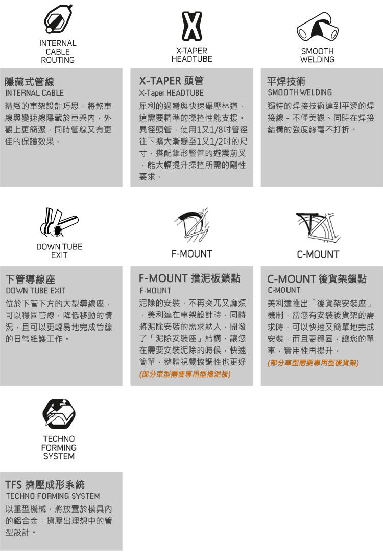 INTERNALCABLEROUTING隱藏式管線INTERNAL CABLE精緻的車架設計巧思將煞車線與變速線隱藏於車架內外觀上更簡潔同時管線又有更佳的保護效果。X-TAPERHEADTUBEX-TAPER 頭管X-Taper HEADTUBE犀利的過彎與快速碾壓林道這需要精準的操控性能支援。異徑頭管使用1又1/8管徑往下擴大漸變至1又1/2的尺寸,搭配錐形豎管的避震前叉能大幅提升操控所需的剛性要求。SMOOTHWELDING平技術SMOOTH WELDING獨特的焊接技術達到平滑的焊接線-不僅觀同時在焊接結構的強度絲毫不打折。DOWN TUBEEXIT下管導線座DOWN TUBE EXIT位於下管下方的大型導線座,可以穩固管線,降低移動的情況,且可以更輕易地完成管線的日常維護工作。F-MOUNTF-MOUNT 擋泥板鎖點F-MOUNT泥除的安裝,不再突兀又麻煩美利達在車架設計時,同時將泥除安裝的需求納入,開發了「泥除安裝座結構,讓您在需要安裝泥除的時候,快速簡單,整體視覺協調性也更好(部分車型需要專用型擋泥板)C-MOUNTC-MOUNT 後貨架鎖點C-MOUNT美利達推出「後貨架安裝座」機制,當您有安裝後貨架的需求時,可以快速又簡單地完成安裝,而且更穩固,讓您的單車,實用性再提升。(部分車型需要專用型後貨架)TECHNOFORMINGSYSTEMTFS 擠壓成形系統TECHNO FORMING SYSTEM以重型機械,將放置於模具內的鋁合金,擠壓出理想中的管型設計。