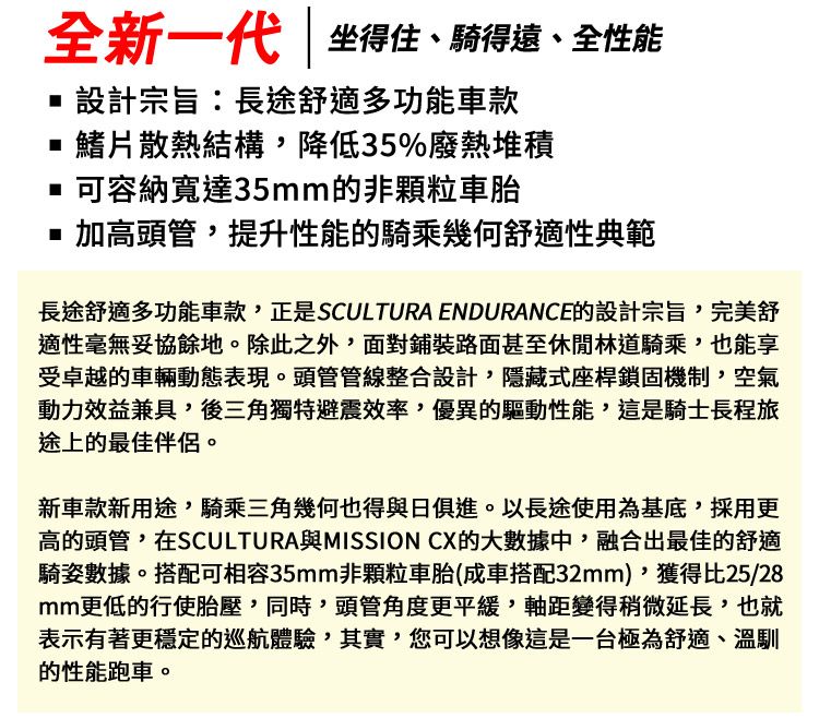 全新一代坐得住、騎得遠、全性能設計宗旨:長途舒適多功能車款鰭片散熱結構降低35%廢熱堆積 可容納寬達35mm的非顆粒車胎加高頭管,提升性能的騎乘幾何舒適性典範長途舒適多功能車款,正是SCULTURA ENDURANCE的設計宗旨,完美舒適性毫無妥協餘地。除此之外,面對鋪裝路面甚至休閒林道騎乘,也能享受卓越的車輛動態表現。頭管管線整合設計,隱藏式座桿鎖固機制,空氣動力效益兼具,後三角獨特避震效率,優異的驅動性能,這是騎士長程旅途上的最佳伴侶。新車款新用途,騎乘三角幾何也得與日俱進。以長途使用為基底,採用更高的頭管,在SCULTURA與MISSION CX的大數據中,融合出最佳的舒適騎姿數據。搭配可相容35mm非顆粒車胎(成車搭配32mm),獲得比25/28mm更低的行使胎壓,同時,頭管角度更平緩,軸距變得稍微延長,也就表示有著更穩定的巡航體驗,其實,您可以想像這是一台極為舒適、溫馴的性能跑車。