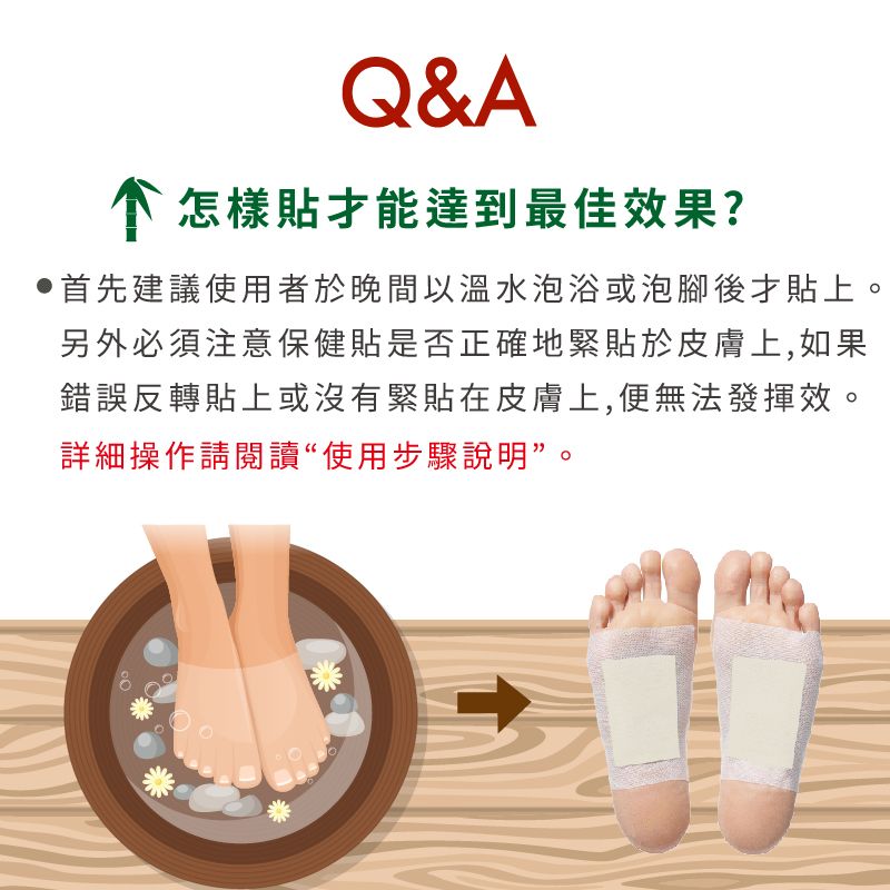 Q&A怎樣貼才能達到最佳效果?首先建議使用者於晚間以溫水泡浴或泡腳後才貼上。另外必須注意保健貼是否正確地緊貼於皮膚上,如果錯誤反轉貼上或沒有緊貼在皮膚上,便無法發揮效。詳細操作請閱讀使用步驟說明