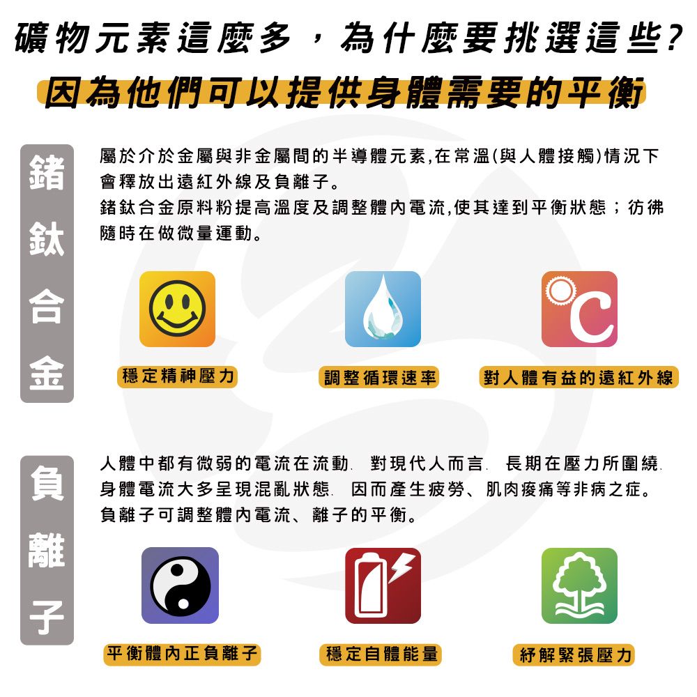 礦物元素這麼多為什麼要挑選這些?因為他們可以提供身體需要的平衡鍺屬於介於金屬與非金屬間的半導體元素在常溫(與人體接觸)情況下會釋放出遠紅外線及。鍺原料粉提高溫度及調整電流,使其達到平衡狀態;彷彿隨時在做微量運動。鈦合金調整循環速率 對人體有益的遠紅外線穩定精神壓力人體中都有微弱的電流在流動,對現代人而言,長期在壓力所圍繞身體電流大多呈現混亂狀態 因而產生疲勞、肌肉等非病之症。負離子可調整電流、離子的平衡。負離子平衡體內正負離子穩定自體能量紓解緊張壓力