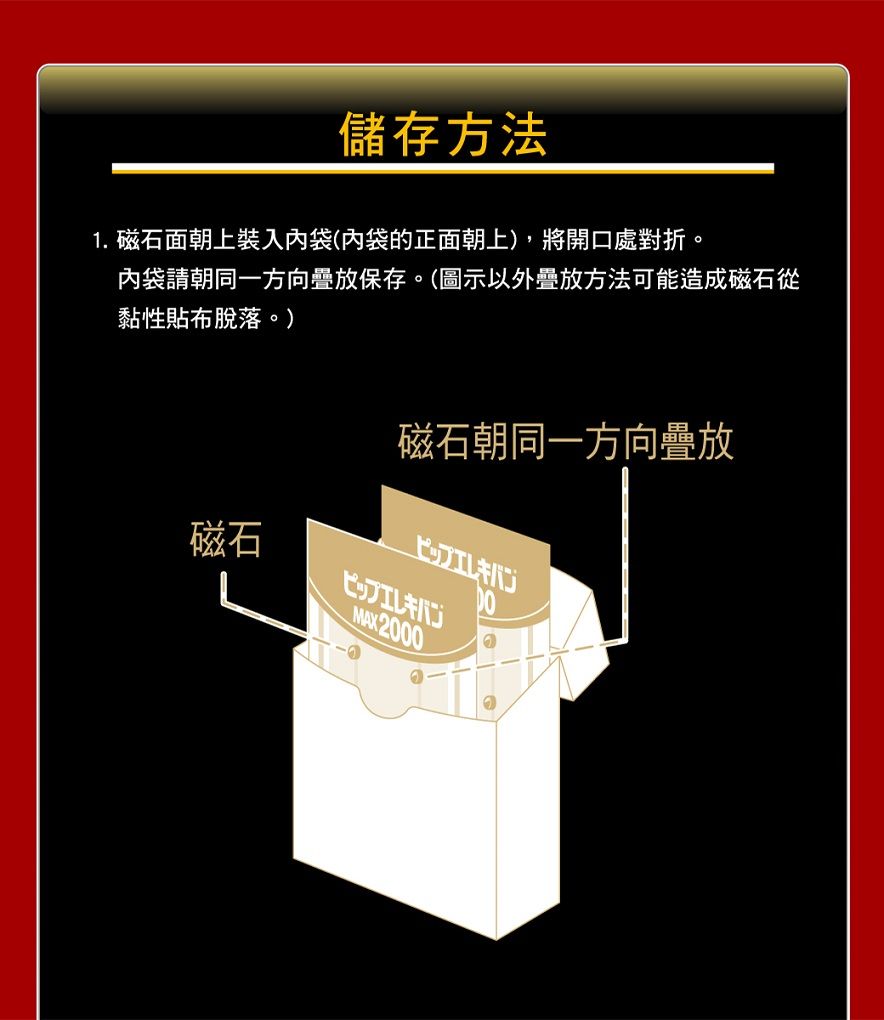 儲存方法1. 磁石面朝上袋(袋的正面朝上),將開口處對折。內袋請朝同一方向疊放保存。(圖示以外疊放方法可能造成磁石從黏性貼布脫落。)磁石磁石朝同一方向疊放MAX2000