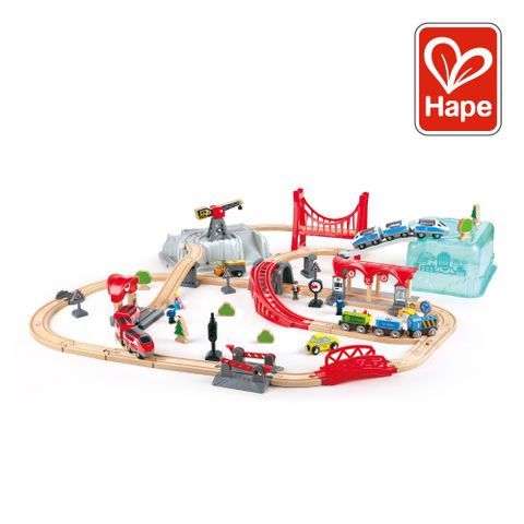 Hape 城市街景軌道火車(附收納箱/48件組/玩具車/軌道遊戲/家家酒玩具/木製玩具)