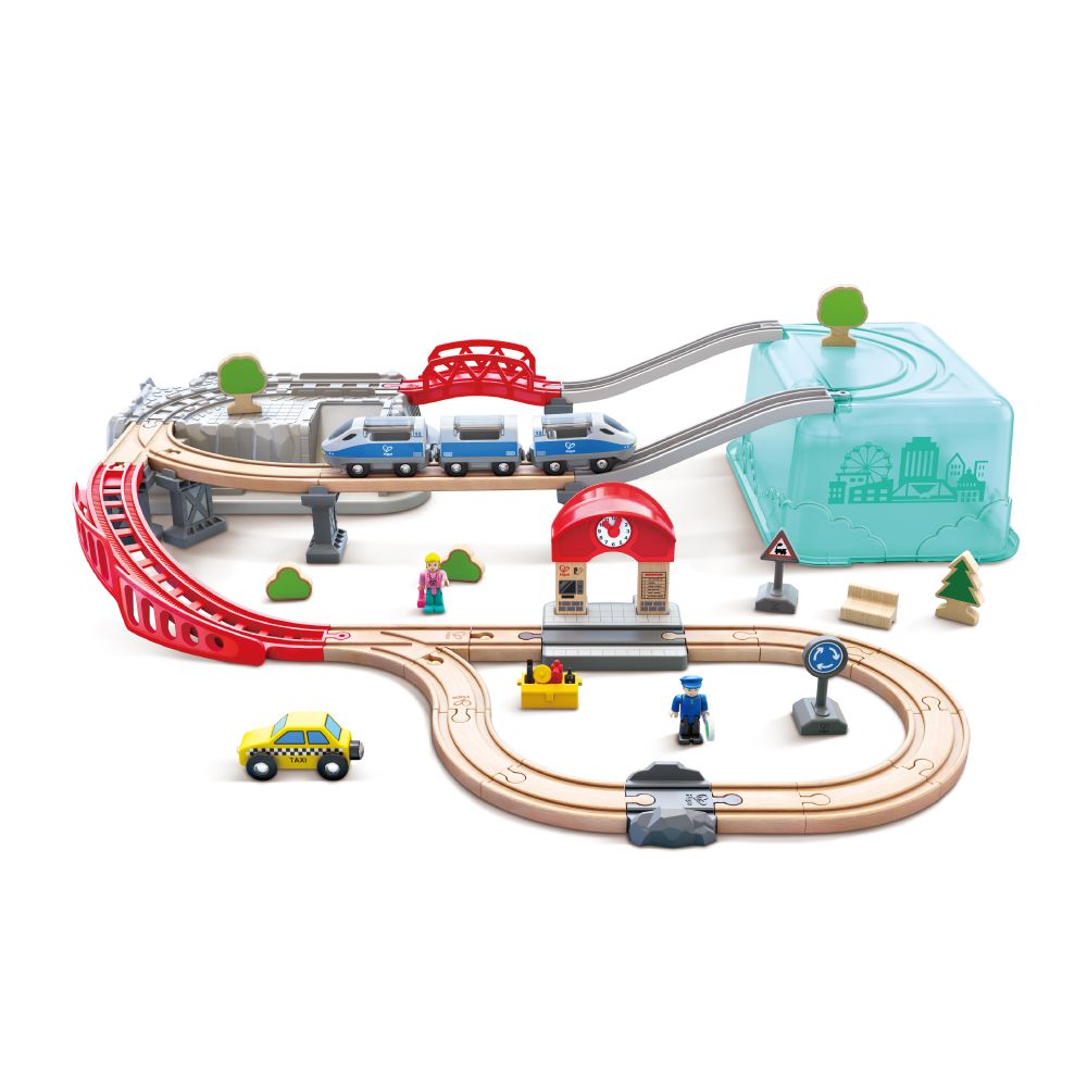 Hape 城市街景軌道火車(附收納箱/48件組/玩具車/軌道遊戲/家家酒玩具/木製玩具)