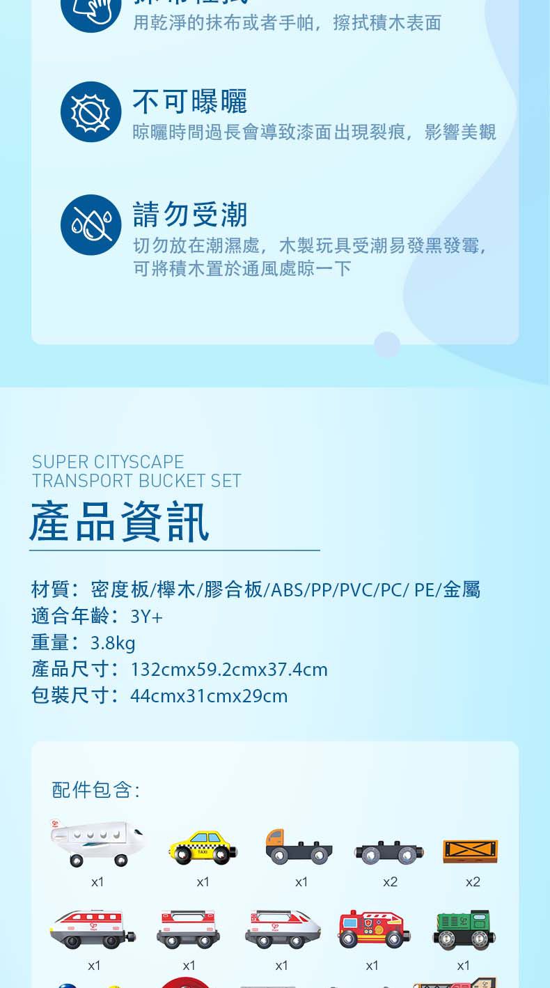 用乾淨的抹布或者手帕,擦拭積木表面不可曝曬晾曬時間過長會導致漆面出現裂痕,影響美觀請勿受潮切勿放在潮濕處,木製玩具受潮易發黑發霉,可將積木置於通風處晾一下SUPER CITYSCAPETRANSPORT BUCKET SET產品資訊材質:密度板/木/膠合板/ABS/PP/PVC/PC/PE/金屬適合年齡:3Y+重量:3.8kg產品尺寸:132cmx59.2cmx37.4cm包裝尺寸:44cmx31cmx29cm配件包含:x1x1x2x2x1x1x1x1x1