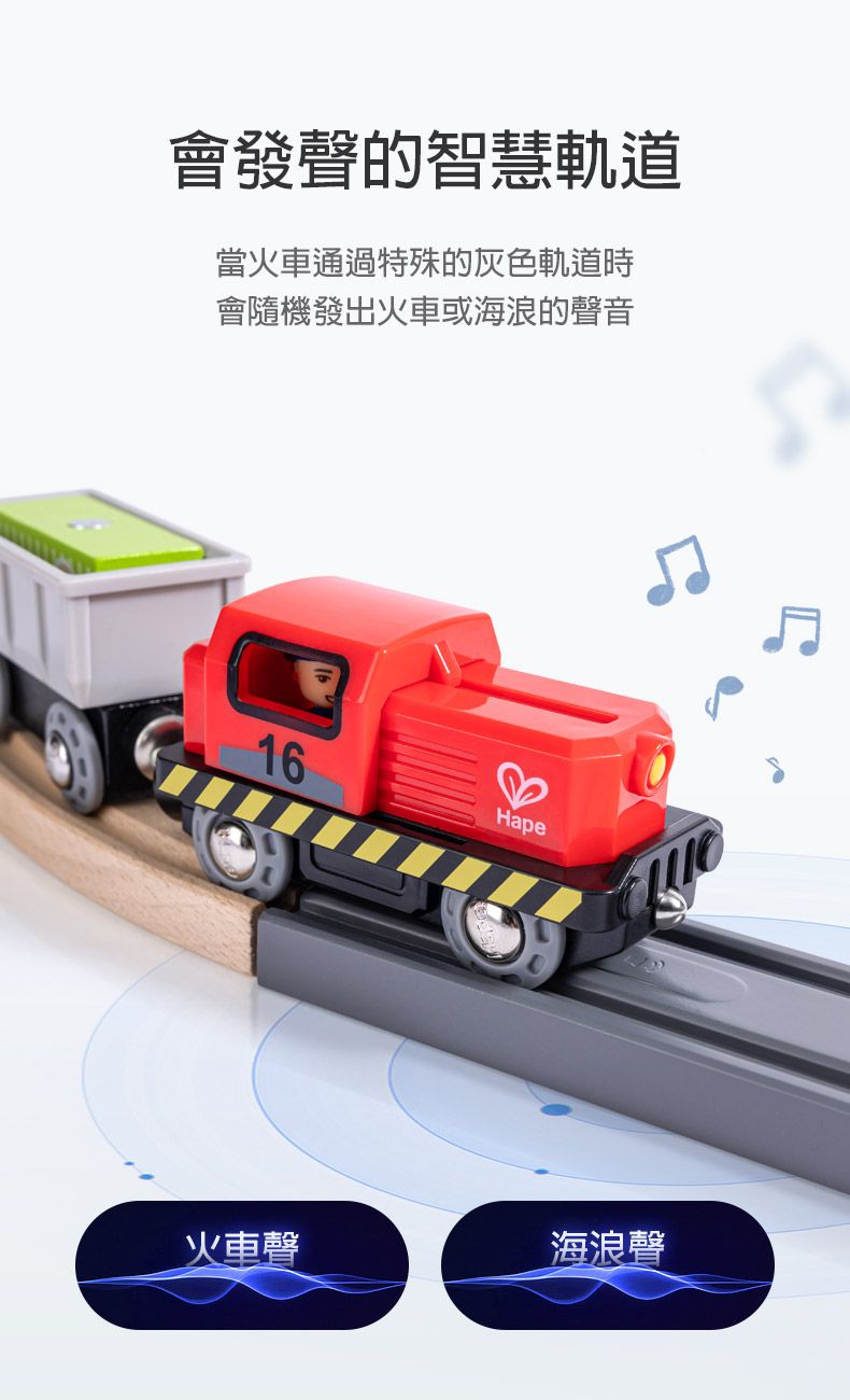 會發聲的智慧軌道當火車通過特殊的灰色軌道時會隨機發出火車或海浪的聲音16Hape火車聲海浪聲