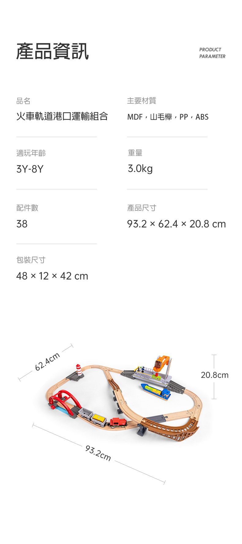 產品資訊PRODUCTPARAMETER品名主要材質火車軌道港口運輸組合MDF山毛櫸PPABS適玩年齡3Y-8Y配件數38包裝尺寸4812  42 cm62.4cm93.2cm重量3.0kg產品尺寸93.2×62.4  20.8 cm20.8cm