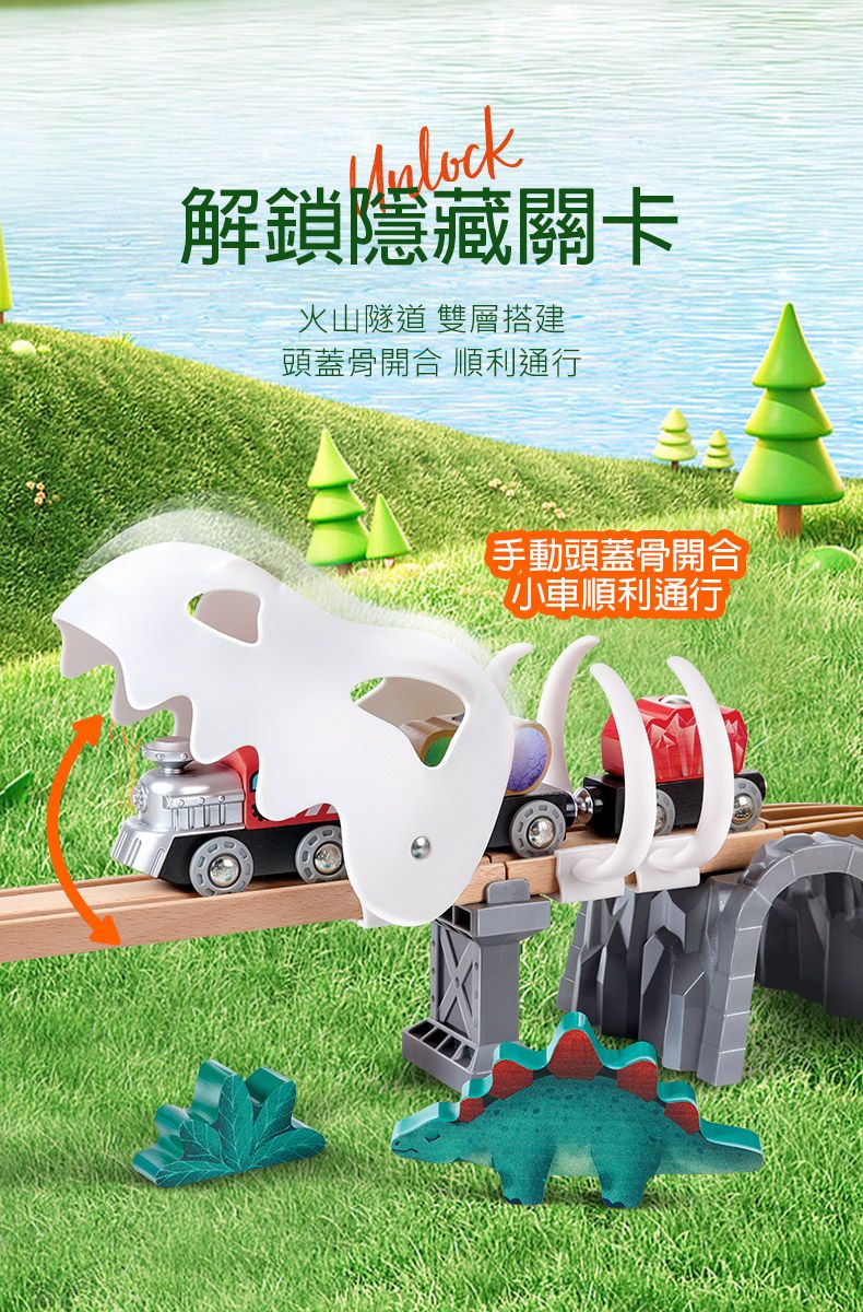 解鎖隱藏關卡火山隧道 雙層搭建-頭蓋骨開合 順利通行手動頭蓋骨開合小車順利通行