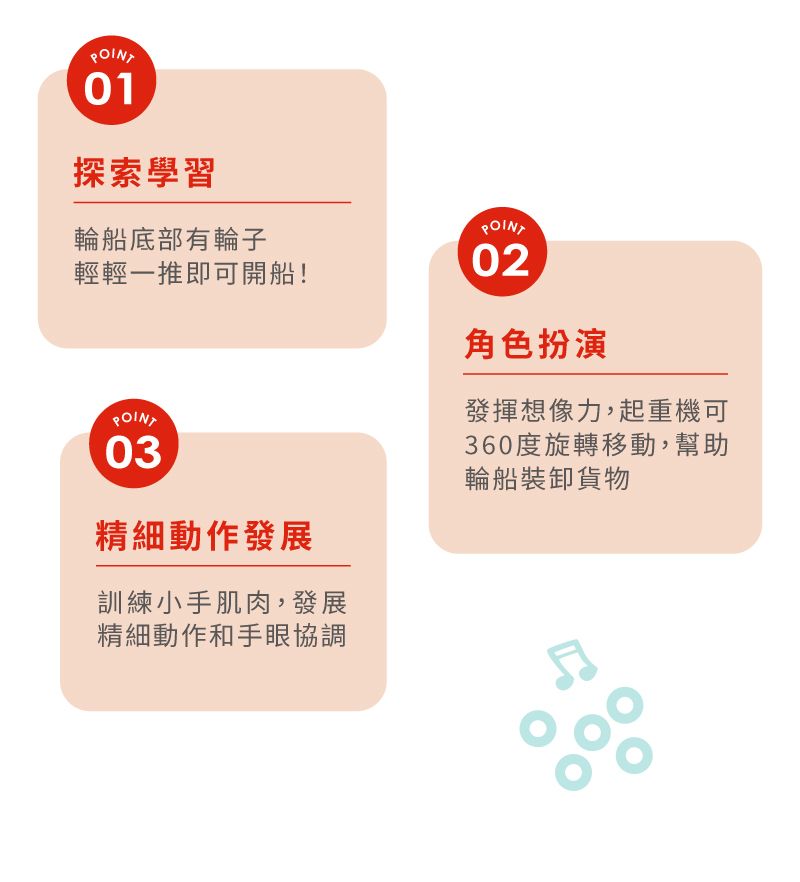 POINT01探索學習輪船底部有輪子輕輕一推即可開船!POINT03精細動作發展訓練小手肌肉,發展精細動作和手眼協調POINT02角色扮演發揮想像力,起重機可360度旋轉移動,幫助輪船裝卸貨物