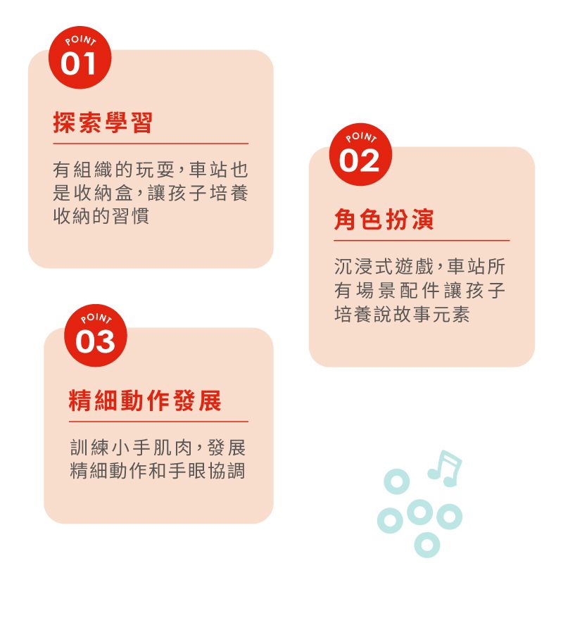 POINT01探索學習POINT有組織的玩耍,車站也是收納盒,讓孩子培養收納的習慣02POINT03精細動作發展訓練小手肌肉,發展精細動作和手眼協調角色扮演沉浸式遊戲,車站所有場景配件讓孩子培養說故事元素