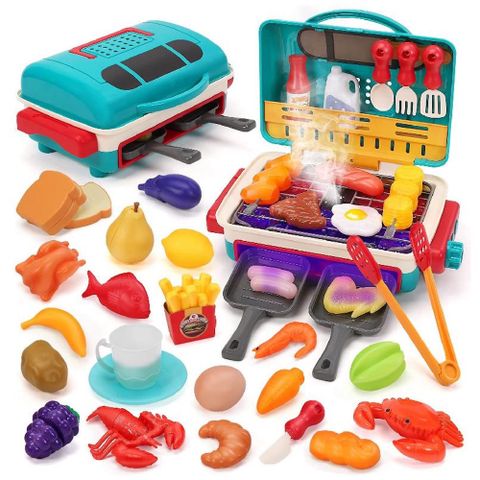 CUTE STONE 兒童廚房玩具聲光燒烤爐與切切樂套裝43件組