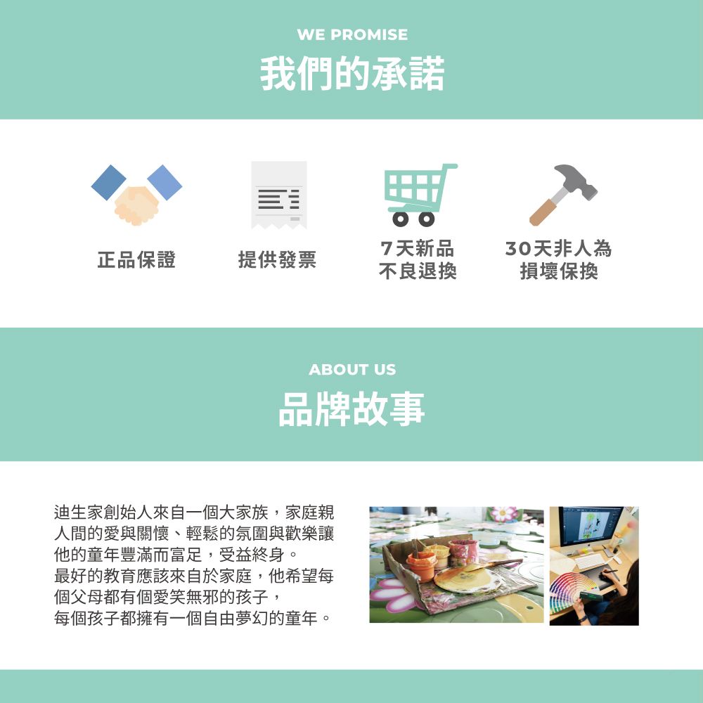 WE PROMISE我們的承諾7天新品30天非人為正品保證提供發票不良退換損壞保換ABOUT US品牌故事迪生家創始人來自一個大家族,家庭親人間的愛與關懷、輕鬆的氛圍與歡樂讓他的童年豐滿而富足,受益終身。最好的教育應該來自於家庭,他希望每個父母都有個愛笑無邪的孩子,每個孩子都擁有一個自由夢幻的童年。