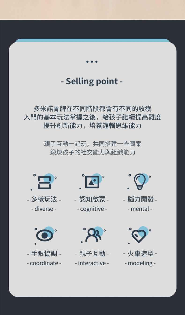 Selling point 多米諾骨牌在不同階段都會有不同的收獲入門的基本玩法掌握之後,給孩子繼續提高難度提升創新能力,培養邏輯思維能力親子互動一起玩,共同搭建一些圖案鍛煉孩子的社交能力與組織能力 多樣玩法-認知啟蒙腦力開發-- diverse --手眼協調-- coordinate--cognitive-- 親子互動-- interactive -- mental --火車造型-- modeling -