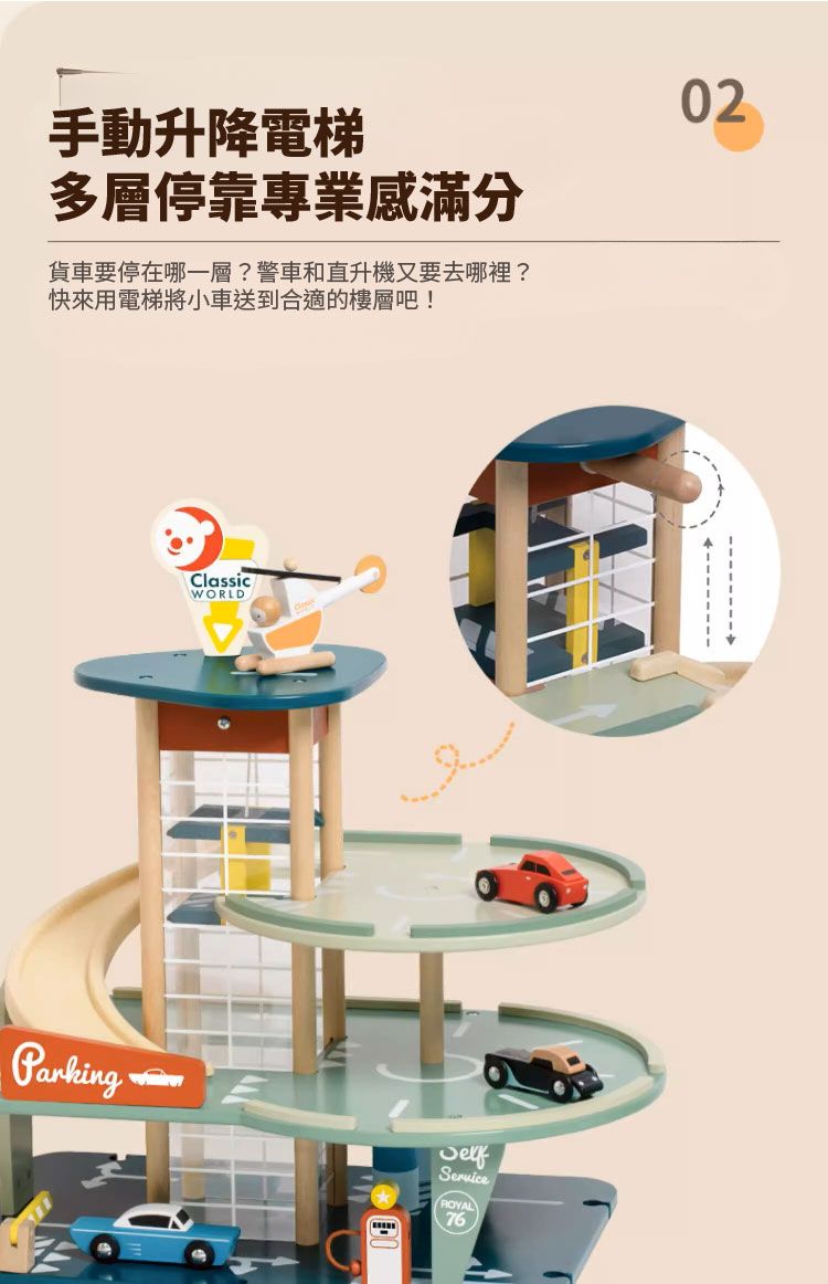手動升降電梯多層停靠專業滿分貨車要停在哪一層?警車和直升機又要去哪裡?快來用電梯將小車送到合適的樓層吧!02ClassicWORLDParkingService76