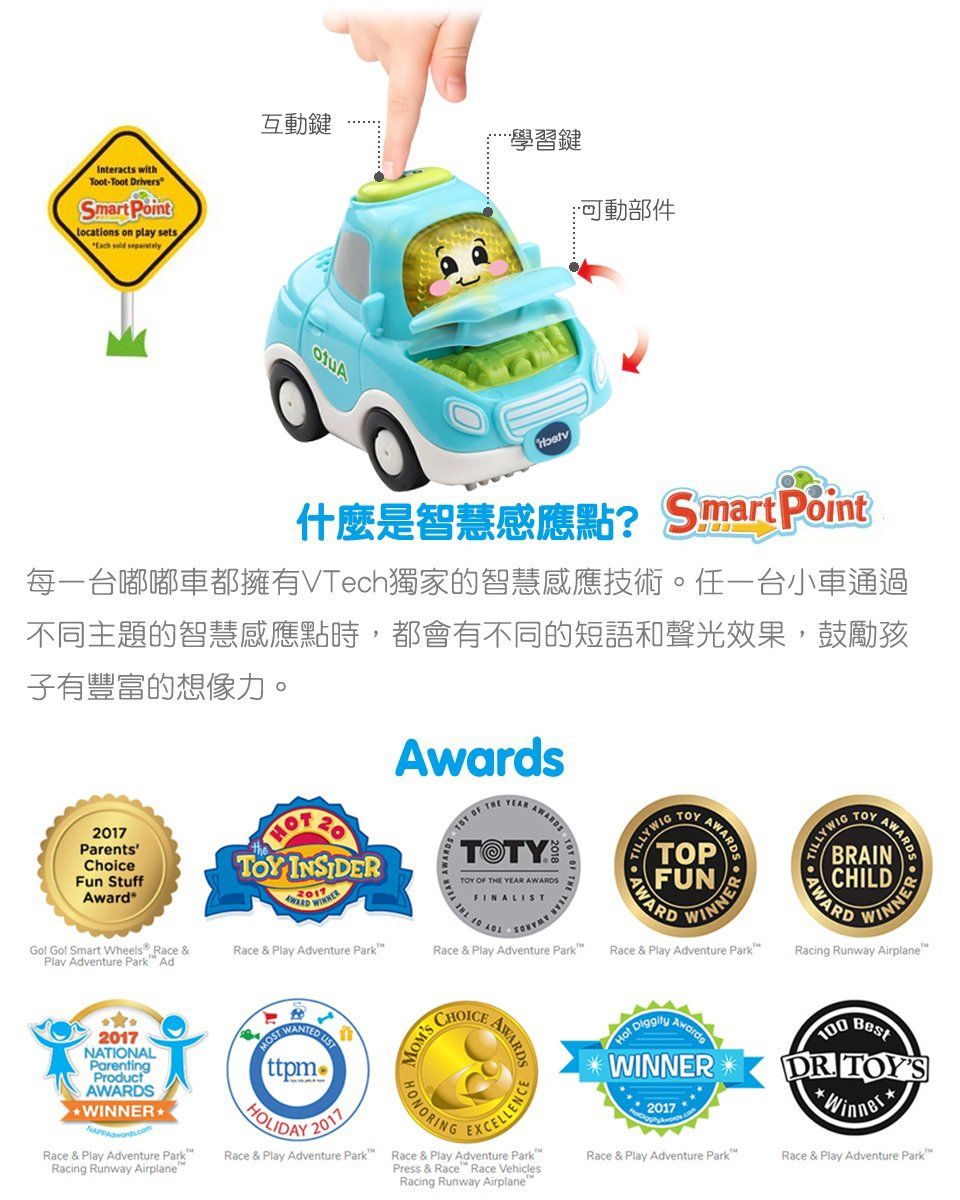 Interacts withToot-Toot DriversSmart oint on play sets  separately互動鍵學習鍵可動部件什麼是智慧感應點?SmartPoint每一台嘟嘟車都擁有VTech獨家的智慧感應技術。任一台小車通過不同主題的智慧感應點時,都會有不同的短語和聲光效果,鼓勵孩子有豐富的想像力。7ParentsChoiceFun Stuffward Gol Smart Wheels® Race &Play Adventure Park AdTOY INSIDER201WARD WRace & Play Adventure Park   YEAR AAWARDSTOTYTOY OF T YEAR AWARDSFINALI  TILLYWIGTOYAWARDAWARDSWINNERRace & Play Adventure Park Race & Play Adventure ParkCHOICEAWARDSHot AwardsWINNER2017NATIONALParentingProductAWARDSWINNERRace & Play Adventure ParkRacing Runway AirplanePST  HEttpmHOLIDAY2017MOM'S CHRace & Play Adventure Park Race & Play Adventure ParkPress & Race Race VehiclesRacing Runway AirplaneRace & Play Adventure ParkEXCELLENCEΤΟΥBRAINCHILDWARDRacing Runway Airplane100BestDR TOY'SWinnerRace & Play Adventure Park