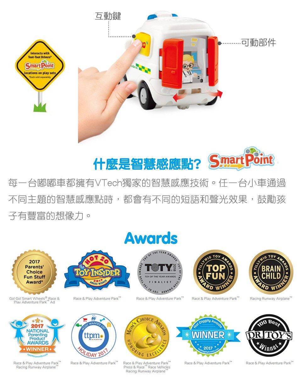 Interacts withToot-Toot DriversSmartoint on play sets  separately互動鍵可動部件什麼是智慧感應點?SmartPoint每一台嘟嘟車都擁有VTech獨家的智慧感應技術。任一台小車通過不同主題的智慧感應點時,都會有不同的短語和聲光效果,鼓勵孩子有豐富的想像力。2017ParentsChoiceFun Stuffward INSIDER201TOY   YEAR AAWARDSTOTYTOY OF THE YEAR AWARDSFINALIGol Gol Smart Wheels Race &Plav Adventure Park Ad2017NATIONALParentingProductAWARDSWINNERRace & Play Adventure ParkRacing Runway AirplaneRace & Play Adventure ParkRace & Play Adventure ParkPST  ttpmHOLIDAY2017HONORINGAWARDSEXCELLENCERace & Play Adventure Park Race & Play Adventure ParkPress & Race Race VehiclesRacing Runway AirplaneTILLY AWARDΤΟΥAWARDSWINNERTILLYWIGTOYBRAINCHILDWARDRace & Play Adventure ParkRacing Runway AirplaneHot WINNER2017Awards100BestDR TOYSWinnerRace & Play Adventure ParkRace & Play Adventure Park