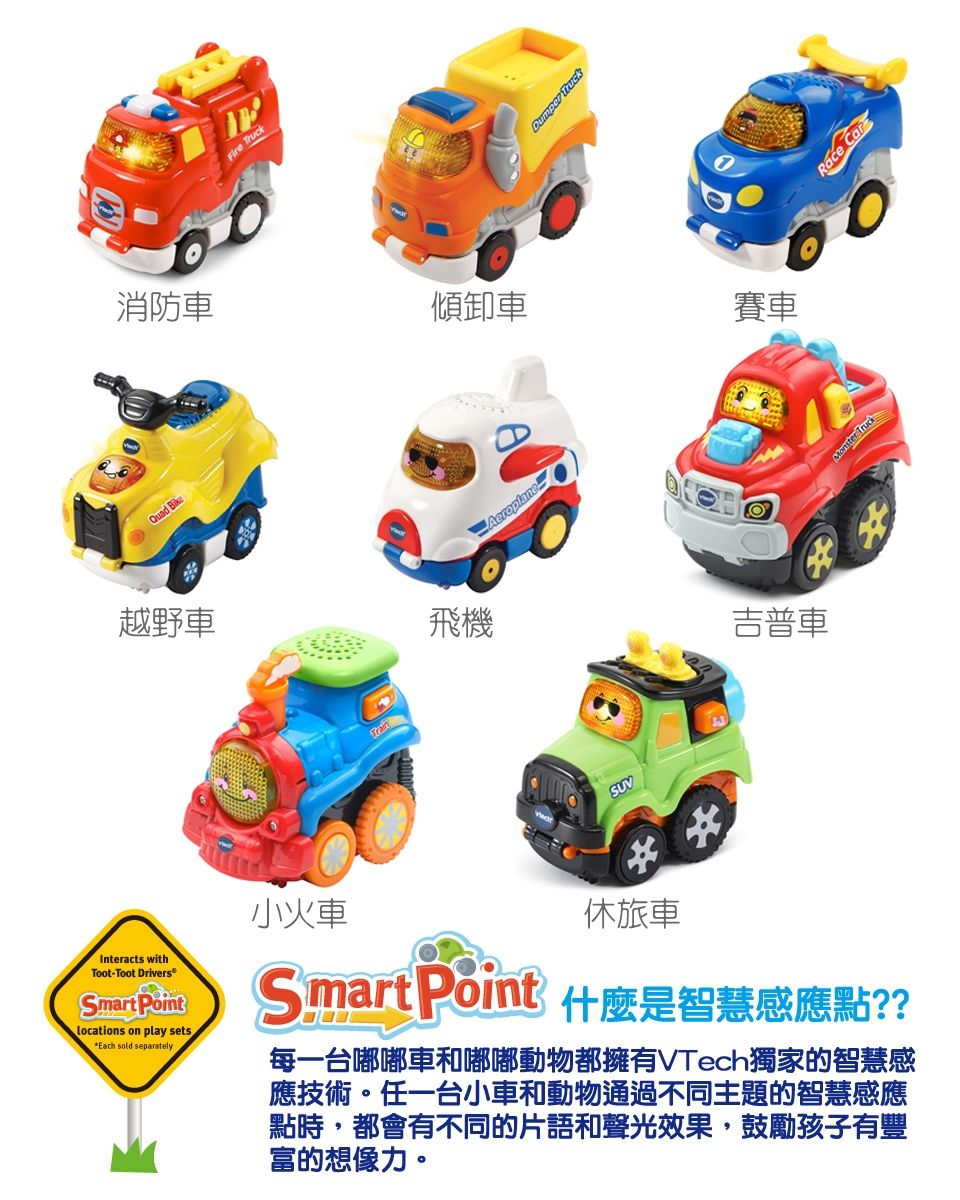 Quad BikeFire 消防車傾卸車越野車飛機AeroplaneSUVDumper 吉普車Interacts withToot-Toot DriversSmart Pointlocations on play setsEach sold separately小火車休旅車Smart Point 什麼是智慧感應點??每一台嘟嘟車和嘟嘟動物都擁有VTech獨家的智慧感應技術任一台小車和動物通過不同主題的智慧感應點時,都會有不同的片語和聲光效果,鼓勵孩子有豐富的想像力。賽車 TruckRace Car