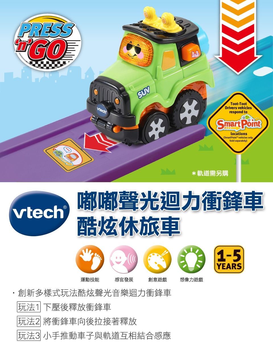 PRESSvtechSUVToot-TootDrivers vehiclesrespond toSmart PointLocations(SmartPoint vehicles onlySold separately)*軌道需另購嘟嘟聲光迴力衝鋒車vtech酷炫休旅車運動技能感官發展創意遊戲想像力遊戲·創新多樣式玩法酷炫聲光音樂迴力衝鋒車玩法1下壓後釋放衝鋒車玩法2 將衝鋒車向後拉接著釋放玩法3 小手推動車子與軌道互相結合感應1-5YEARS