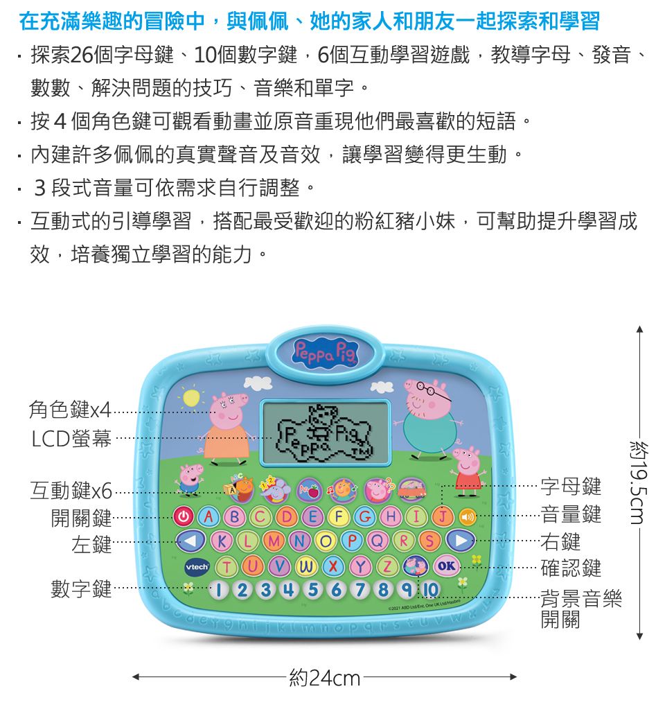 在充滿樂趣的冒險中與佩佩、她的家人和朋友一起探索和學習探索6個字母鍵、0個數字鍵6個互動學習遊戲教導字母、發音、數數、解決問題的技巧、音樂和單字。按4個角色鍵可觀看動畫並原音重現他們最喜歡的短語。內建許多佩佩的真實聲音及音效,讓學習變得更生動。3段式音量可依需求自行調整。互動式的引導學習,搭配最受歡迎的粉紅豬小妹,可幫助提升學習成效,培養獨立學習的能力。 角色鍵x4LCD螢幕互動鍵.開關鍵左鍵vtech T 數字鍵1 219.5cmOK  , One   字母鍵音量鍵右鍵確認鍵·背景音樂開關-約24cm