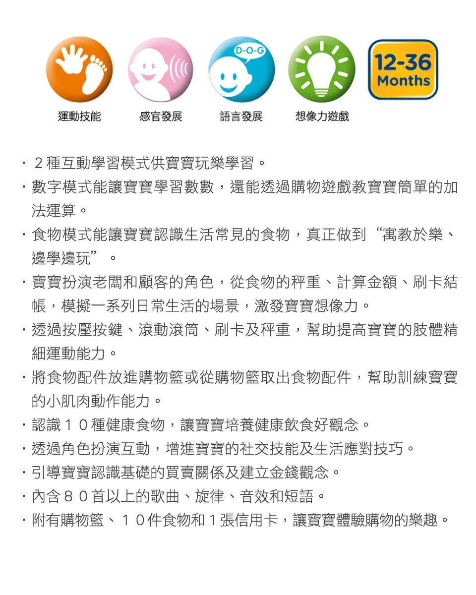 -O-G12-36Months運動技能感官發展語言發展想像力遊戲2種互動學習模式供寶寶玩樂學習數字模式能讓寶寶學習數數,還能透過購物遊戲教寶寶簡單的加法運算食物模式能讓寶寶認識生活常見的食物,真正做到“寓教於樂、邊學邊玩”。寶寶扮演老闆和顧客的角色,從食物的秤重、計算金額、刷卡結帳,模擬一系列日常生活的場景,激發寶寶想像力。透過按壓按鍵、滾動滾筒、刷卡及秤重,幫助提高寶寶的肢體精細運動能力。將食物配件放進購物籃或從購物籃取出食物配件,幫助訓練寶寶的小肌肉動作能力。認識10種健康食物,讓寶寶培養健康飲食好觀念。透過角色扮演互動,增進寶寶的社交技能及生活應對技巧。引導寶寶認識基礎的買賣關係及建立金錢觀念。內含80首以上的歌曲、旋律、音效和短語。附有購物籃、10件食物和1張信用卡,讓寶寶體驗購物的樂趣。