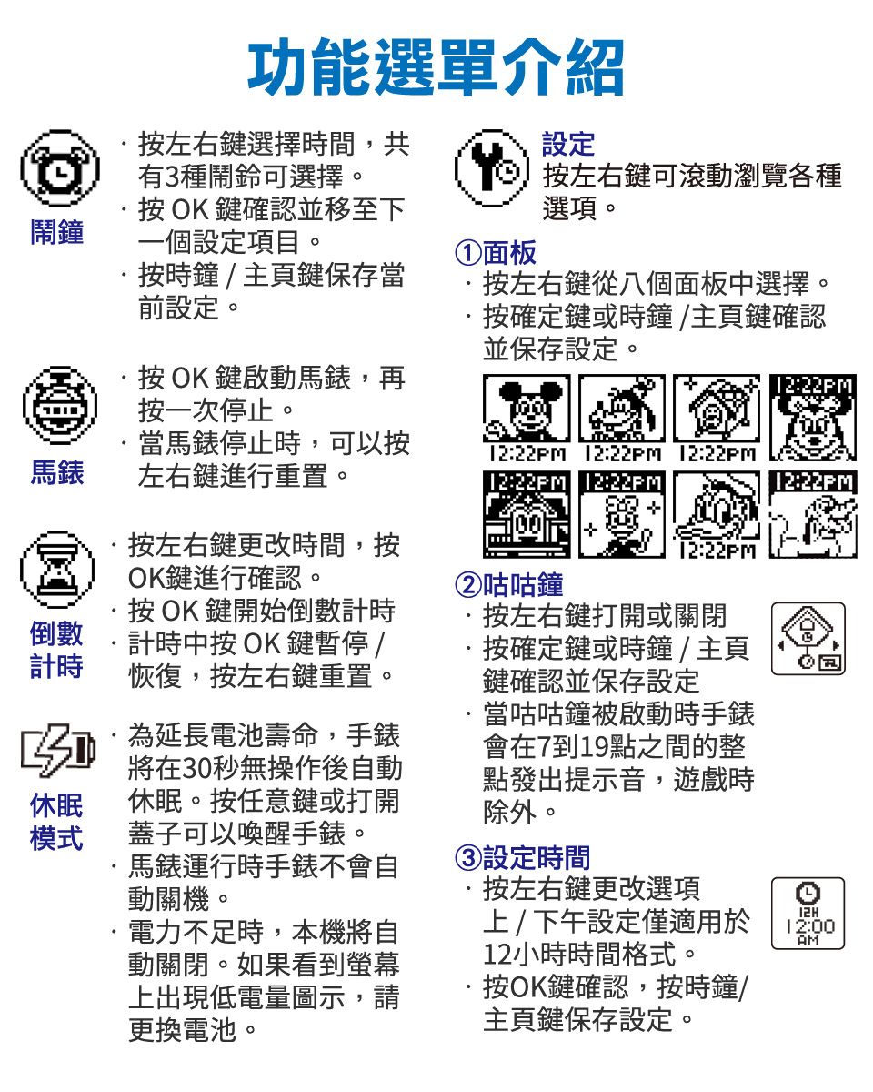 功能選單介紹按左右鍵選擇時間,共有3種鬧鈴可選擇。設定鬧鐘按OK鍵確認並移至下一個設定項目。按左右鍵可滾動瀏覽各種選項。①面板按時鐘/主頁鍵保存當前設定。按左右鍵從八個面板中選擇。按確定鍵或時鐘/主頁鍵確認並保存設定。·按OK鍵啟動馬錶,再按一次停止。12:22馬錶當馬錶停止時,可以按左右鍵進行重置。12:22 12:22 12:2212:22 12:2212:22按左右鍵更改時間,按OK鍵進行確認。12:22PM②咕咕鐘倒數計時按OK鍵開始倒數計時計時中按OK鍵暫停/恢復,按左右鍵重置。 延長電池壽命,手錶休眠模式將在30秒無操作後自動休眠。按任意鍵或打開蓋子可以喚醒手錶。馬錶運行時手錶不會自動關機。電力不足時,本機將自動關閉。如果看到螢幕上出現低電量圖示,請更換電池。按左右鍵打開或關閉按確定鍵或時鐘/主頁鍵確認並保存設定當咕咕鐘被啟動時手錶會在7到19點之間的整點發出提示音,遊戲時除外。③設定時間按左右鍵更改選項上/下午設定僅適用於12小時時間格式。按OK鍵確認,按時鐘/主頁鍵保存設定。12:00AM