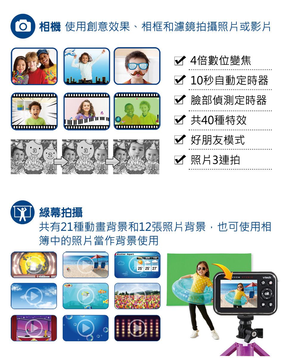 相機 使用創意效果、相框和濾鏡拍攝照片或影片 4倍數位變焦 10秒自動定時器 臉部偵測定時器共40種特效好朋友模式照片3連拍綠幕拍攝共有21種動畫背景和12張照片背景,也可使用相簿中的照片當作背景使用KidizoomWeather Report25 25 27vtech