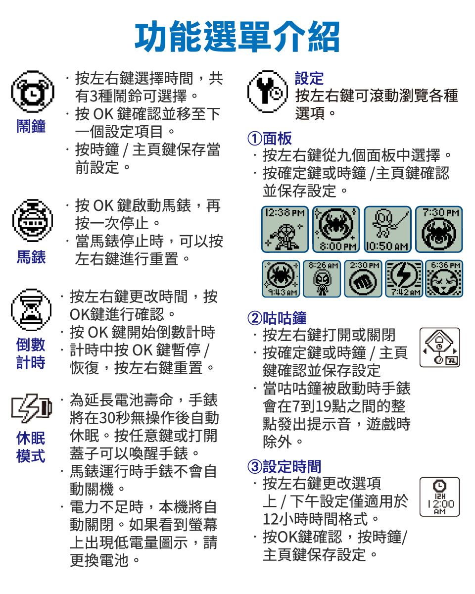 功能選單介紹按左右鍵選擇時間,共有3種鬧鈴可選擇。設定鬧鐘按OK鍵確認並移至下一個設定項目。按左右鍵可滾動瀏覽各種選項。①面板按時鐘/主頁鍵保存當前設定。按左右鍵從九個面板中選擇。按確定鍵或時鐘/主頁鍵確認並保存設定。·按OK鍵啟動馬錶,再按一次停止。12:38 7:PM馬錶當馬錶停止時,可以按左右鍵進行重置。按左右鍵更改時間,按OK鍵進行確認。8:00 PM 10:50 AM8:26 AM2:30 PM6:36 PM AM 7:42AM倒數計時按OK鍵開始倒數計時計時中按OK鍵暫停/恢復,按左右鍵重置。30 延長電池壽命,手錶休眠模式將在30秒無操作後自動休眠。按任意鍵或打開蓋子可以喚醒手錶。馬錶運行時手錶不會自動關機。電力不足時,本機將自動關閉。如果看到螢幕上出現低電量圖示,請更換電池。②咕咕鐘按左右鍵打開或關閉按確定鍵或時鐘/主頁鍵確認並保存設定當咕咕鐘被啟動時手錶會在7到19點之間的整點發出提示音,遊戲時除外。③設定時間按左右鍵更改選項上/下午設定僅適用於12小時時間格式。按OK鍵確認,按時鐘/主頁鍵保存設定。12:00AM