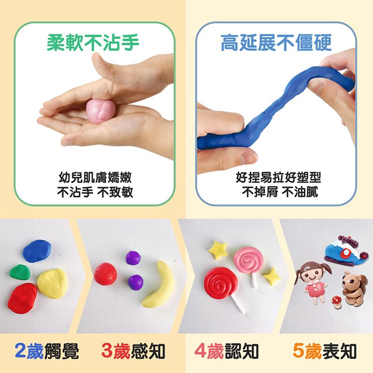 柔軟不沾手高延展不僵硬幼兒肌膚嬌嫩不沾手 不致敏好捏易拉好塑型不掉 不油膩2觸覺 3歲感知 4歲認知5歲表知