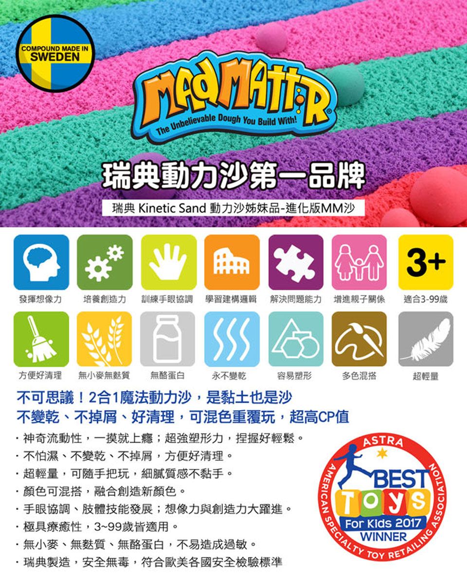 COMPOUND MADE INSWEDENThe Unbelievable Dough You Build With瑞典動力沙第一品牌瑞典 Kinetic Sand 動力沙姊妹品-進化版MM沙 3+培養創造力 訓練手眼協調 學習建構邏輯解決問題能力 增進親子關係適合3-99歲方便好清理 無小麥無質 無酪蛋白永不變乾容易塑形多色混搭超輕量不可思議!2合1魔法動力沙,是黏土也是沙不變乾、不掉屑、好清理,可混色重覆玩,超高CP值·神奇流動性,一摸就上癮;超強塑形力,捏握好輕鬆。不怕濕、不變乾、不掉屑,方便好清理。超輕量,可隨手把玩,細膩質感不黏手。手眼協調、肢體技能發展;想像力與創造力大躍進。顏色可混搭,融合創造新顏色。極具療癒性,3~99歲皆適用。.無小麥、無麩質、無酪蛋白,不易造成過敏。AMERICANASTRABESTFor Kids 2017WINNERSPECIALTYTOYASSOCIATIONRETAILING瑞典製造,安全無毒,符合歐美各國安全檢驗標準