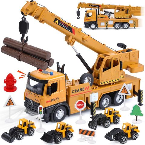 CUTE STONE 兒童仿真工程卡車與聲光大型起重機套裝組合玩具