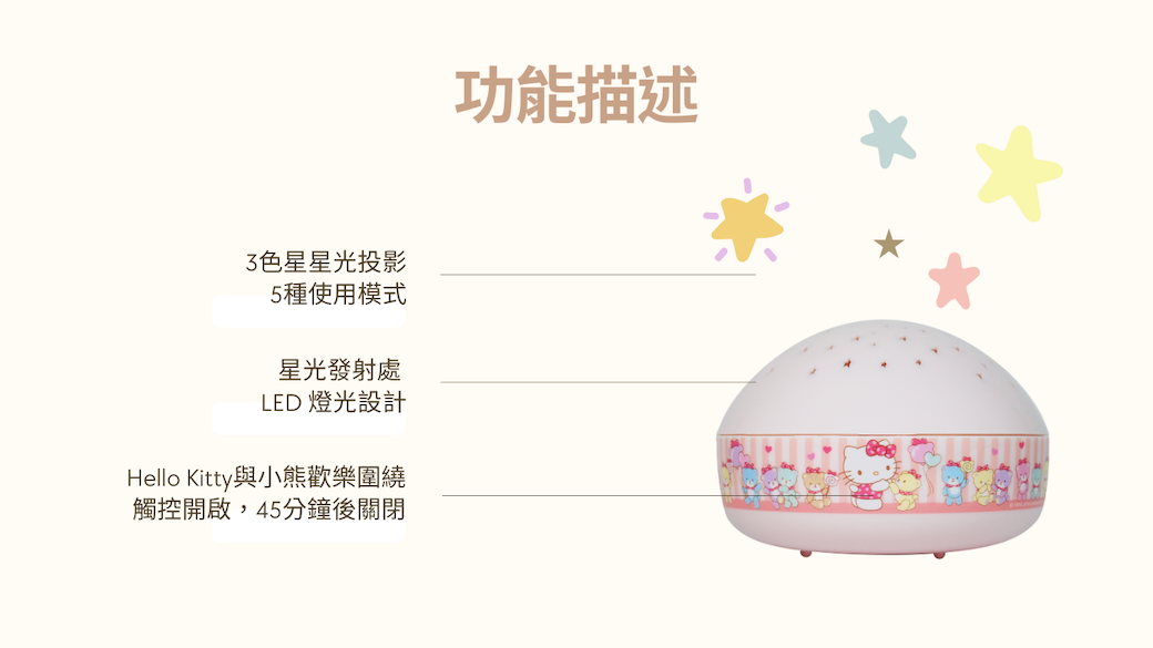 色星星光投影5種使用模式星光發射處LED 燈光設計Hello Kitty與小熊歡樂圍繞觸控開啟,45分鐘後關閉功能描述