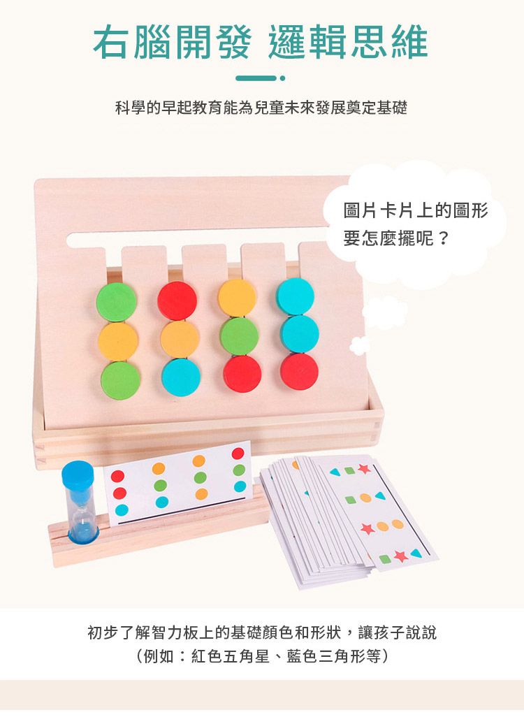 右腦開發 邏輯思維科學的早起教育能為兒童未來發展奠定基礎圖片卡片上的圖形要怎麼擺呢?初步了解智力板上的基礎顏色和形狀,讓孩子說說(例如:紅色五角星、三角形等)