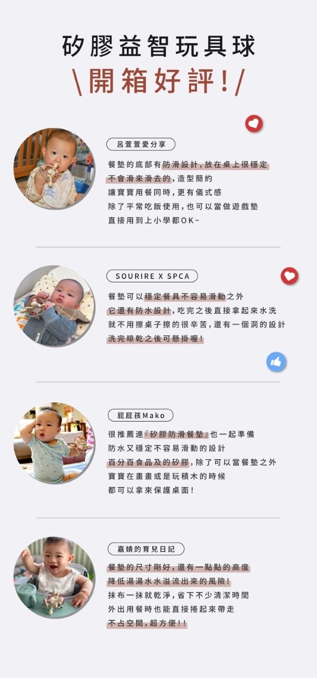 矽膠益智玩具球\開箱好評!/分享餐墊的底部有防滑設計,放在桌上很穩定不會滑來滑去的,造型簡約讓用餐同時,更有儀式感除了平常吃飯使用,也可以當做遊戲墊直接用到上小學都OK~SOURIRE  SPCA餐墊可以穩定餐具不容易滑動之外它還有防水設計,吃完之後直接拿起來水洗就不用擦桌子擦的很辛苦,還有一個洞的設計洗完晾乾之後可懸掛喔!屁屁孩 Mako很推薦連『矽膠防滑』也一起準備防水又穩定不容易滑動的設計百分百食品及的矽膠,除了可以當餐墊之外寶寶在畫畫或是玩積木的時候都可以拿來保護桌面!的育兒日記餐的尺寸剛好,還有一點點的高度降低湯湯水水溢流出來的風險!抹布一抹就乾淨,省下不少清潔時間外出用餐時也能直接捲起來帶走不占空間,超方便!!