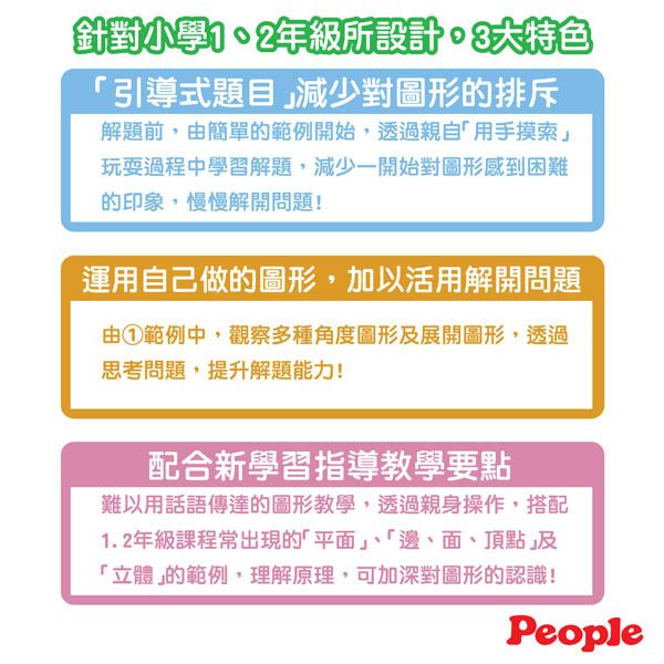 針對小學12年級所設計特色引導式題目減少對圖形的排斥解題前,由簡單的範例開始,透過親自用手摸索」玩耍過程中學習解題,減少一開始對圖形感到困難的印象,慢慢解開問題!運用自己做的圖形,加以活用解開問題由①範例中,觀察多種角度圖形及展開圖形,透過思考問題,提升解題能力!配合新學習指導教學要點難以用話語傳達的圖形教學,透過親身操作,搭配1. 2年級課程常出現的「平面」、「邊、面、頂點」及「立體」的範例,理解原理,可加深對圖形的認識!People