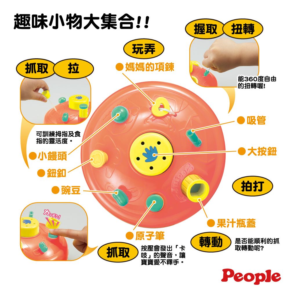 趣味小物大集合!!握取扭轉玩弄抓取拉媽媽的項鍊可訓練拇指及食指的靈活度。小饅頭鈕釦豌豆 原子筆抓取按壓會發出「卡吱」的聲音,讓寶寶愛不釋手。能360度自由的扭轉喔!吸管●大按鈕拍打果汁瓶蓋轉動是否能順利的抓取轉動呢?People