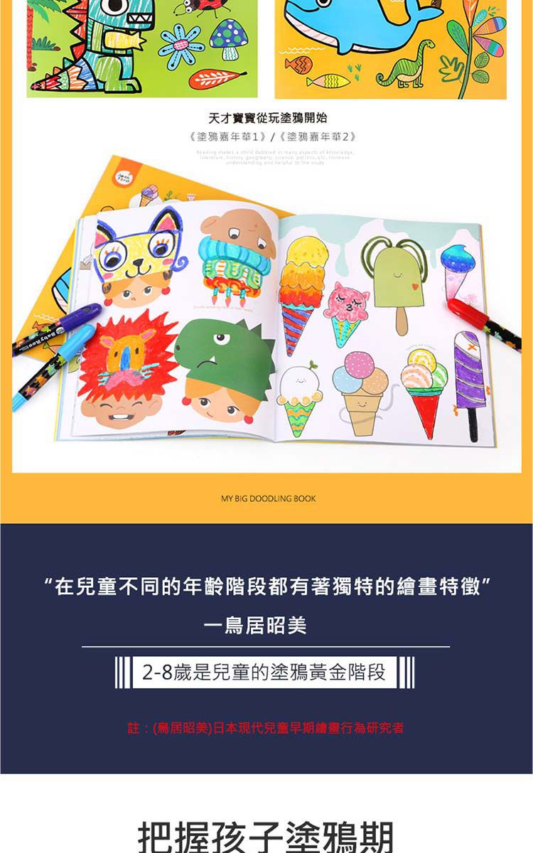 天才寶寶從玩塗鴉開始《塗鴉嘉年華1》/《塗鴉嘉年華2》       MY BIG DOODLING BOOK“在兒童不同的年齡階段都有著獨特的繪畫特徵”一鳥居昭美2-8歲是兒童的塗鴉黃金階段註:(居昭美)日本現代兒童早期繪畫行為研究者把握孩子塗鴉期