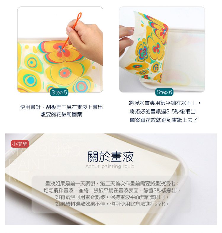 Step.5Step.6使用畫針、刮板等工具在畫上畫出想要的花紋和圖案將浮水畫專用紙平鋪在水面上,將拓好的畫紙過3-5秒後取出圖案跟花紋就跑到畫紙上去了小提醒關於畫液About painting liquid畫液如果是前一天調製,第二天首次作畫前需要將畫液活化:均勻畫液,並將一張紙平鋪在畫液表面,靜置3秒後拿出,如有氣泡可用畫針點破,保持畫液平面無雜質即可。如果顏料擴散效果不佳,也可使用此方法進行活化。