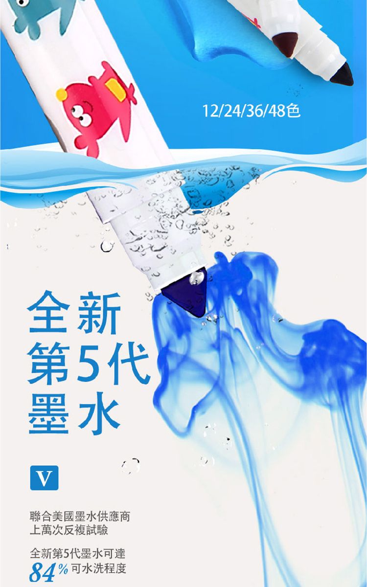 全新第5代墨水聯合美國墨水供應商上萬次反複試驗全新第5代墨水可達84%可水洗程度12/24/36/48色