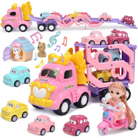 CUTE STONE 仿真聲光粉紅公主三層運輸卡車套裝玩具