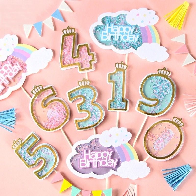  數字蛋糕插旗 閃片款 雲朵彩虹 生日快樂插牌 數字皇冠 蛋糕插件 生日佈置 週歲生日 烘焙蛋糕裝飾
