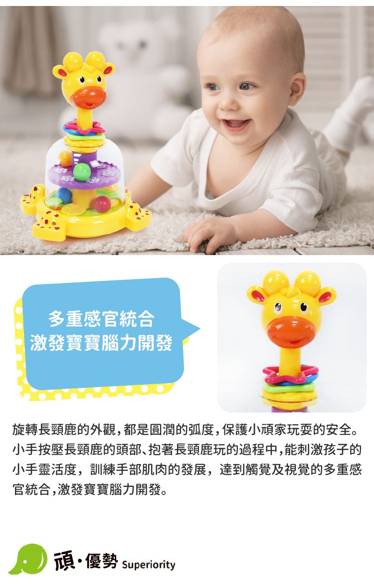 多重感官統合激發寶寶腦力開發旋轉長頸鹿的外觀,都是圓潤的弧度,保護小頑家玩耍的安全。小手按壓長頸鹿的頭部、抱著長頸鹿玩的過程中,能刺激孩子的小手靈活度,訓練手部肌肉的發展,達到觸覺及視覺的多重感官統合,激發寶寶腦力開發。頑優勢Superiority