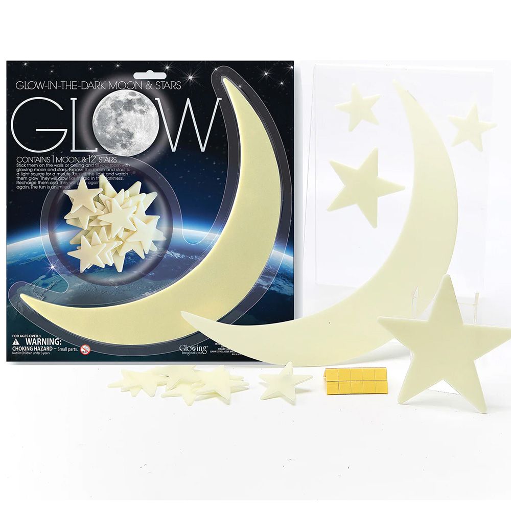 GLOWIN-THE-DRK MOON  STARSGLOWCONTAINS MOON & 12 STARSStik em on the wlls or  and  g moon and  Expose the moon and stars toa   for a    the light and watchthem glow They  glow   in th them and they  c The fun  FOR AGES OVER A WARNING:CHOKING HAZARD-Small parts. for  under  Glowing