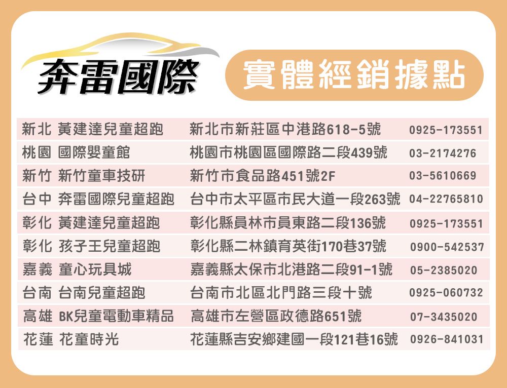 奔雷國際體經銷據點新北 黃建達兒童超跑桃園國際嬰童館新北市新莊區中港路618-5號 0925-173551桃園市桃園區國際路二段439號03-2174276新竹 新竹童車技研台中 奔雷國際兒童超跑彰化 黃建達兒童超跑彰化 孩子王兒童超跑嘉義 童心玩具城新竹市食品路451號2F03-5610669台南 台南兒童超跑高雄 BK兒童電動車精品花蓮 花童時光台中市太平區市民大道一段263號 04-22765810彰化縣員林市員東路二段136號彰化縣二林鎮育英街170巷37號嘉義縣太保市北港路二段91-1號台南市北區北門路三段十號高雄市左營區政德路651號0925-1735510900-54253705-23850200925-06073207-3435020花蓮縣吉安鄉建國一段121巷16號 0926-841031