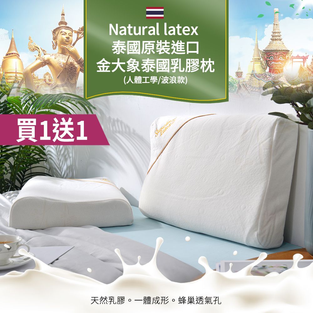  【Natural latex】買1送1 泰國原裝進口金大象泰國乳膠枕(人體工學/波浪款/Q彈支撐/釋壓舒眠)