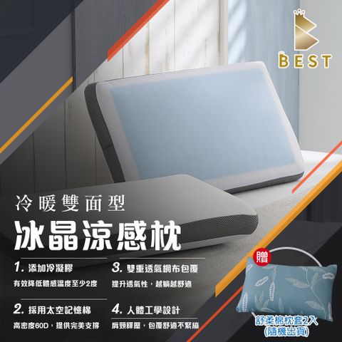 BEST 貝思特 買一送一 冰晶涼感記憶枕 冷暖雙面型 冷凝膠 枕頭 枕芯 (獨家贈舒柔棉枕套2入)隨機出貨