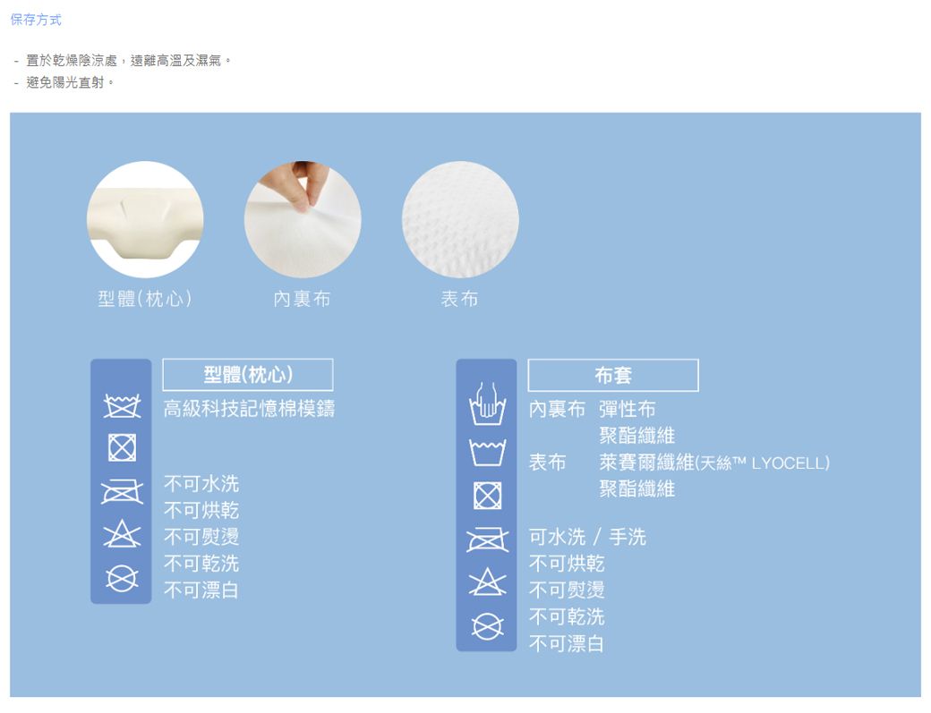 保存方式 置於乾燥陰涼處,遠離高溫及濕氣。- 避免陽光直射。型體(枕心)表布型體(枕心)布套高級科技記憶棉模鑄內布 彈性布聚酯纖維表布不可水洗萊賽爾纖維(天絲T LYOCELL)聚酯纖維不可烘乾不可熨燙不可乾洗不可漂白可水洗/手洗不可烘乾不可熨燙不可乾洗不可漂白