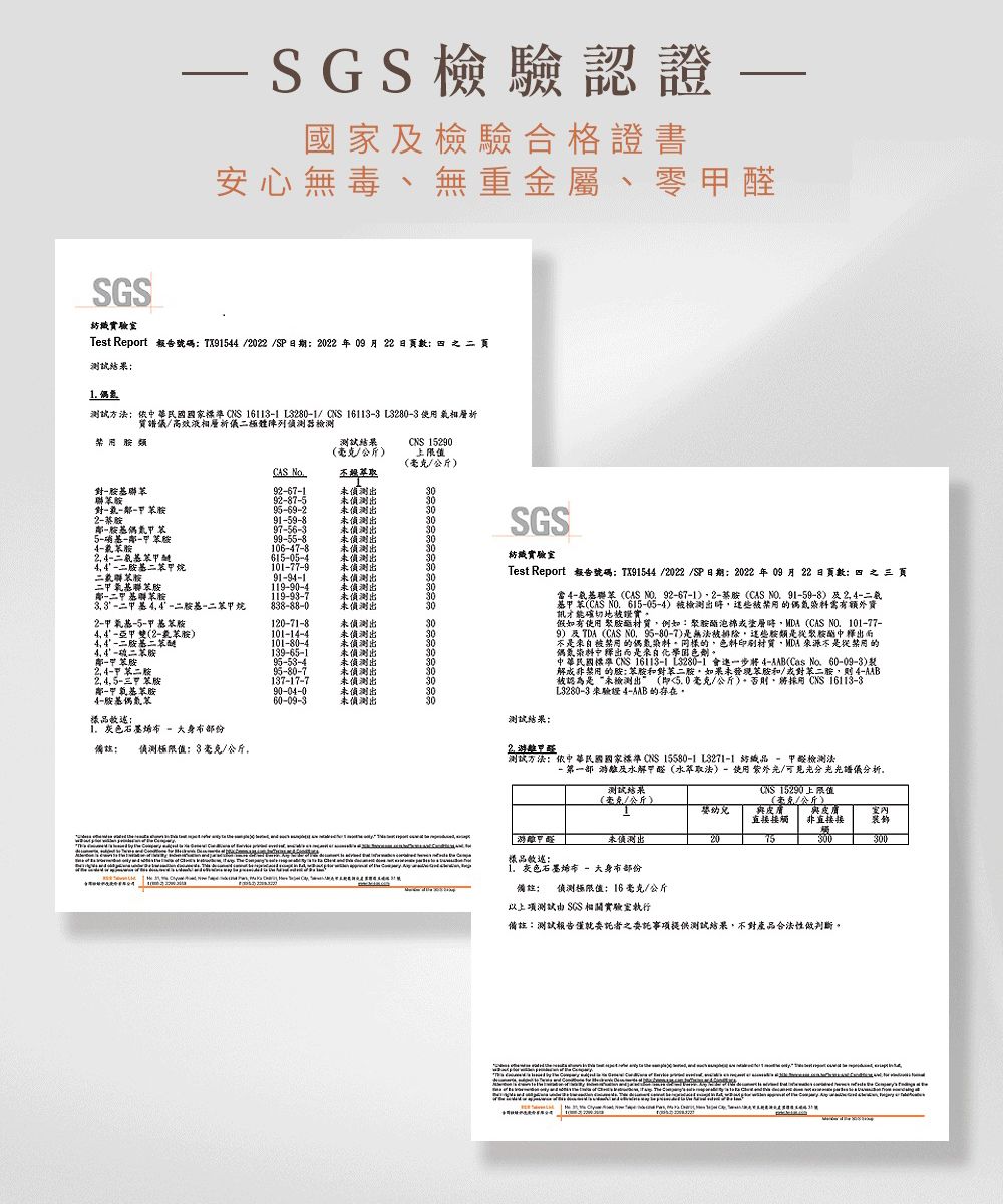 SGS紡織實驗室SGS檢驗認證國家及檢驗合格證書安心無毒無重金屬、零醛Test Report 報告號碼022 /SP日期2022 年 09 月 22 日    测试结果 偶氮测试方法中華民國國家標準  161131 L32801/ CNS 161133 L32803 使用層析質譜儀/高效液相層析儀極體陣列器檢測用類測試/公斤CNS 15290老克/公斤CAS 胺9671未出9875未出對9692未出胺91598未偵測出胺基偶氮97-56-3未偵測出5--99-55-8未偵測出106-7-8未偵測出2二二胺基烷615-05-未偵測出101-77-9未偵測出二聯91-9-1未偵測出二基聯119-90-未偵測出-二聯胺119-93-7未偵測出二44-二胺基-二甲烷838-88-0未偵測出2-基苯胺120-71-8未偵測出44-亞甲2-苯胺101-14-4未偵測出44-二胺基101-80-4未偵測出 4二苯胺未偵測出鄰-胺甲苯二胺苯胺鄰-甲氧基苯胺未偵測出95-80-7未偵測出137-17-7未偵測出90-04-0未偵測出4-胺基偶氮苯品60-09-3未偵測出测试结果 灰色石墨 - 份 侦测極限值3/公斤SGS紡織實驗室Test Report 報告號碼 TX91544/2022 /SP日期:2022 年 09 月 22 日:四三4-基(CAS NO 92-67-1)、2-胺(CAS )及24-二氨基甲苯(CAS NO.615-05-4)檢測出,這些被偶氮染料需有額外資才能確切地被證實假如有使用 聚胺酯,例如:聚胺酯泡棉或塗層, (CAS NO.101-77-9) 及TDA (CAS )是無法被排除,這些胺類是從聚胺酯中釋出不是自被禁用的偶氮染料同樣的,印刷材質,MDA 來源不是從禁用的偶氮染料中釋出而是來自化學色劑中華民國標準 CNS   會一步 4-(Cas No. 60-09-3)解成非禁用 的胺;苯胺對苯二胺,如果未發現苯胺和/或對苯二胺, 4-被認為是“未檢測出 (即毫克/公斤)。否則, CNS 16113-3 來驗證 4-AAB 的存在,2测试方法:中華民國國家標準 CNS 15580-1 L3271-1  檢測法- 第一部 及甲醛(法)-使用 /譜儀分析。測試結果(毫克/公斤)幼兒CNS 15290上限值皮膚(毫克/公斤)與皮膚直接接觸非直接接装飾甲醛樣品:未偵測出 灰色石墨 - 大身布部份備註: 侦测極限值;16毫克/公斤以上測試 SGS 相關實驗室執行75備註:測試報告僅就委託者之委託事項提供測試結果,不對產品做判斷。300