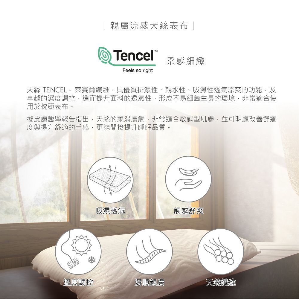 親膚涼感天絲Tencel柔感細緻Feels so right天絲 TENCEL  萊賽爾纖維,具優質排濕性、親水性、吸濕性透氣涼爽的功能,及卓越的濕度調控,進而提升面料的透氣性,形成不易細菌生長的環境,非常適合使用於枕頭表布據皮膚醫學報告指出,天絲的柔滑膚觸,非常適合敏感型肌膚,並可明顯改善舒適度與提升舒適的手感,更能間接提升睡眠品質。吸濕透氣觸感舒爽溫度調控滑順親膚天然纖維