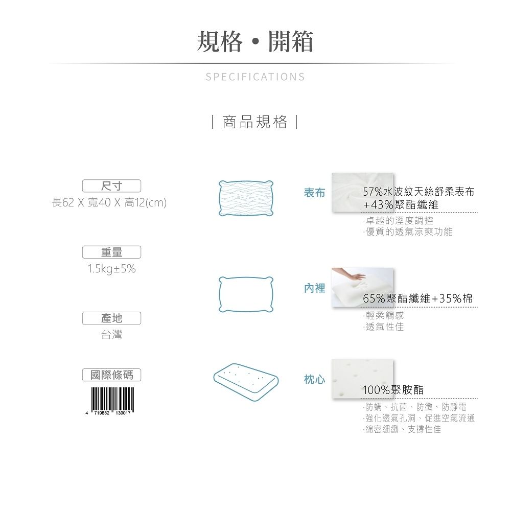 規格開箱SPECIFICATIONS商品規格|尺寸表57%水波紋天絲舒柔表布長62 X 寬40 X 高12(cm)+43%聚酯纖維重量1.5kg±5%產地台灣內裡國際條碼4 719882 139017枕心卓越的溼度調控優質的透氣涼爽功能65%聚酯纖維+35%棉⋅輕柔觸感透氣性佳100%聚胺酯防螨、抗菌、、防靜電強化透氣孔洞、促進空氣流通-細緻、支撐性佳